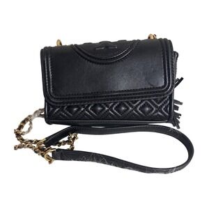 Tory Burch Kira Chevron Convertible Shoulder Bag Black Leather Gold Chain Tassel